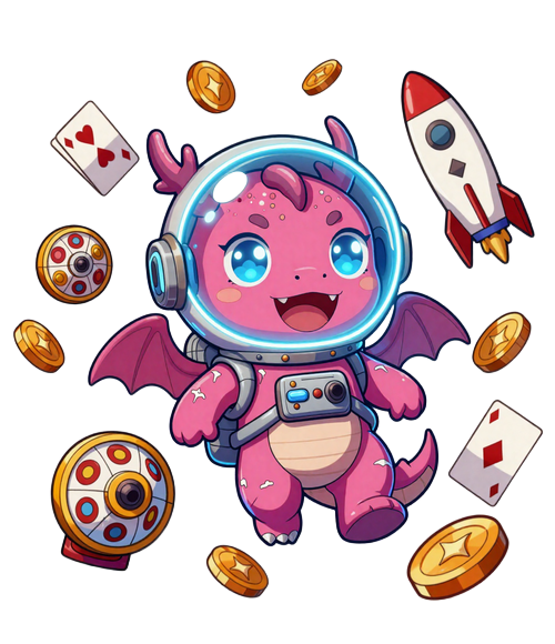 Dragonia Casino Drachen-Astronaut schwebt zwischen Casino-Spielen - Slots, Crash Games und Karten